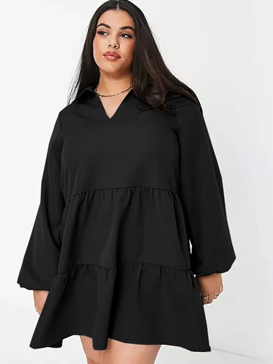 black Plus Size V - Neck Long Sleeve Loose Smocked Dress 8XL