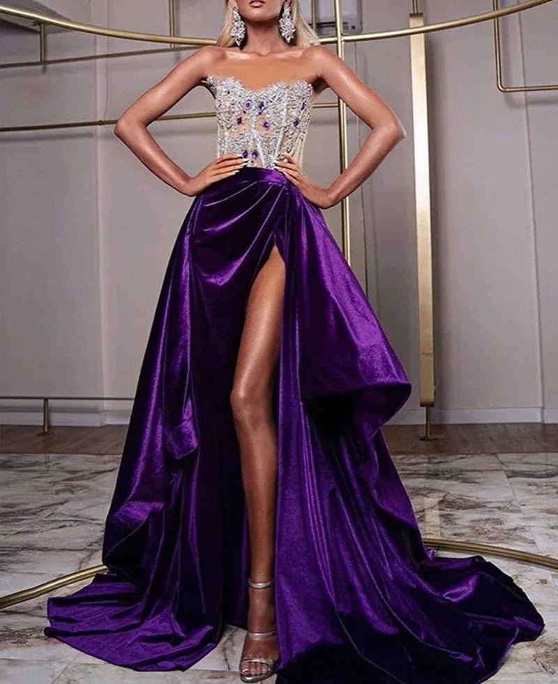 Purple Sequin Strapless Beaded Evening Party Dress