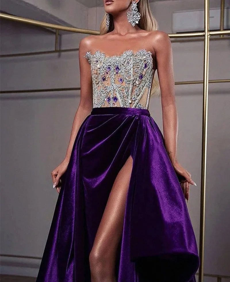 a woman in a purple dress with a slit