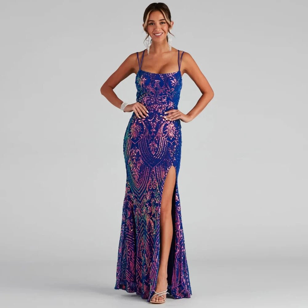 Purple Spaghetti Strap Sequin Mermaid Dress High Slit