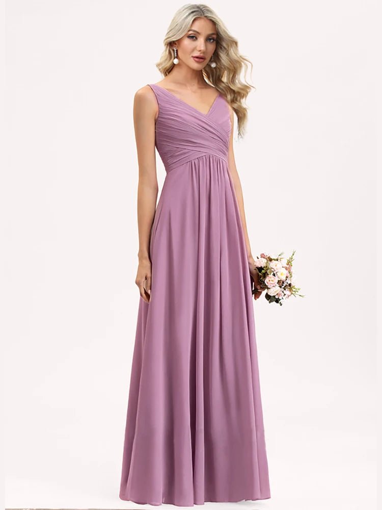 Purple V-Neck Ruched Chiffon Bridesmaid Gown