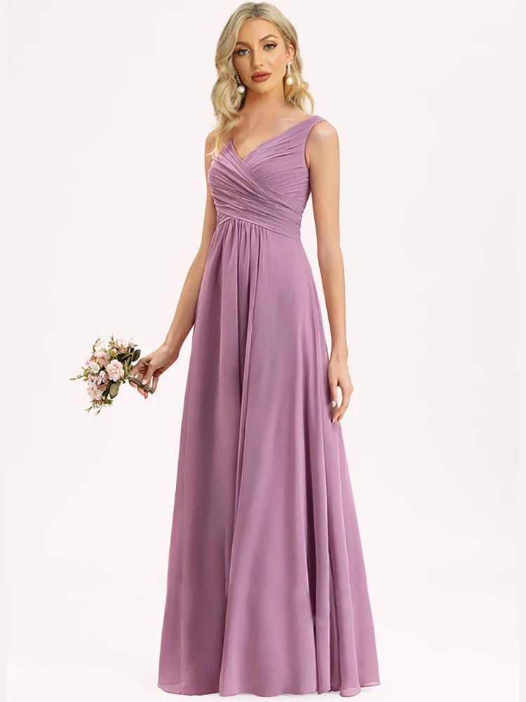 Purple V-Neck Ruched Chiffon Bridesmaid Gown