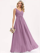 Light Purple Purple V - Neck Ruched Chiffon Bridesmaid Gown XL