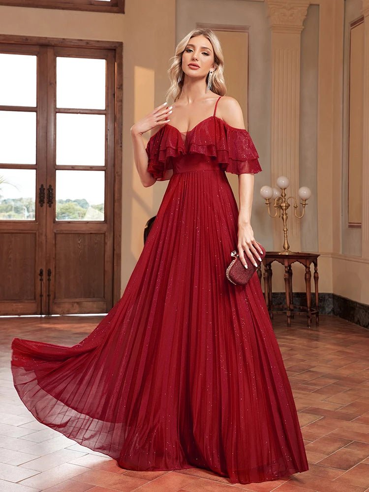 Burgundy Red Chiffon Off - Shoulder Spaghetti Strap Formal Gown 4XL