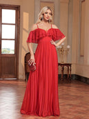 Red Red Chiffon Off - Shoulder Spaghetti Strap Formal Gown 4XL