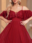 Burgundy Red Chiffon Off - Shoulder Spaghetti Strap Formal Gown 4XL