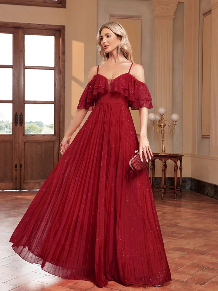 Burgundy Red Chiffon Off - Shoulder Spaghetti Strap Formal Gown 4XL