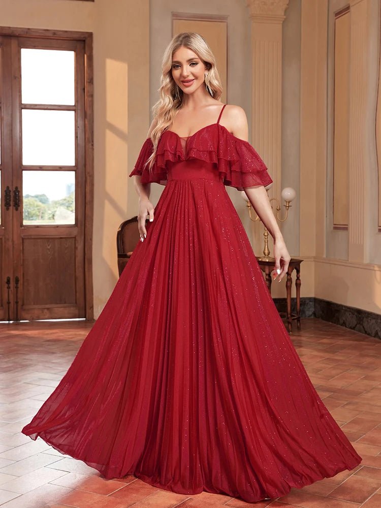 Burgundy Red Chiffon Off - Shoulder Spaghetti Strap Formal Gown 4XL