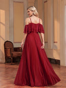 Burgundy Red Chiffon Off - Shoulder Spaghetti Strap Formal Gown 4XL