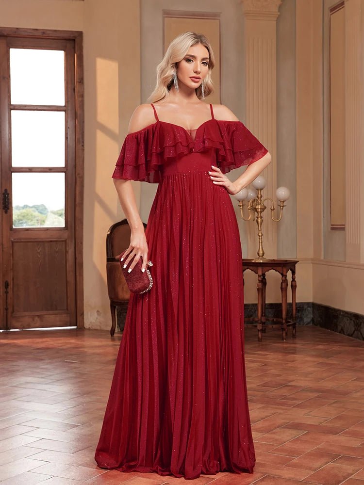 Red Chiffon Off-Shoulder Spaghetti Strap Formal Gown