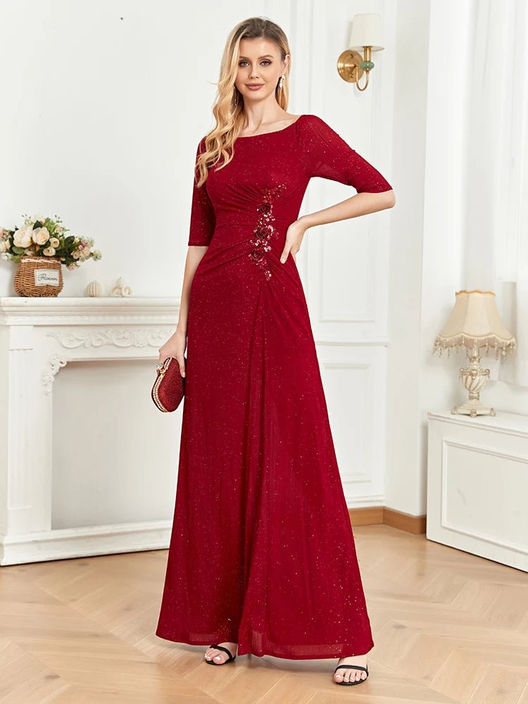 Red Elegant 3/4 Sleeve A-Line Formal Dress