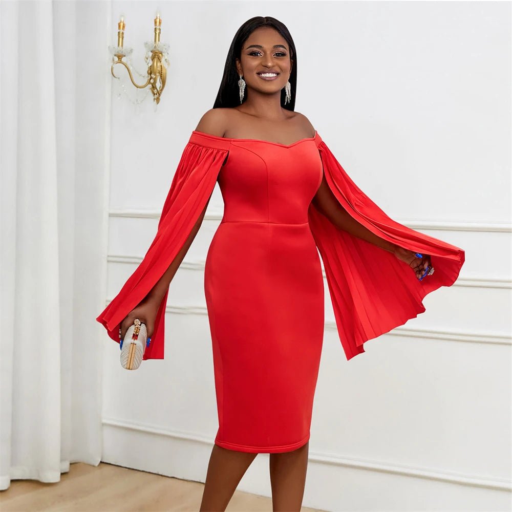 Red Off Shoulder Ruffled Sleeves Sheath Midi Dress