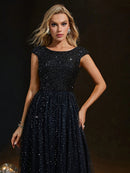 Black Round Neck Cap Sleeve Sexy Backless Shiny Evening Dress M