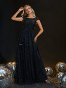 Black Round Neck Cap Sleeve Sexy Backless Shiny Evening Dress M