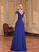 Royal blue A-line evening gown with elegant sleeves, size M.