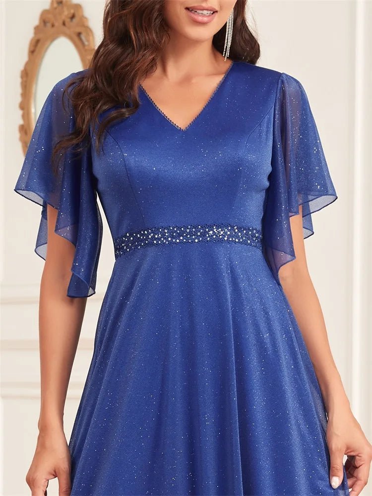 Royal blue A-line chiffon dress with flared sleeves, size M.