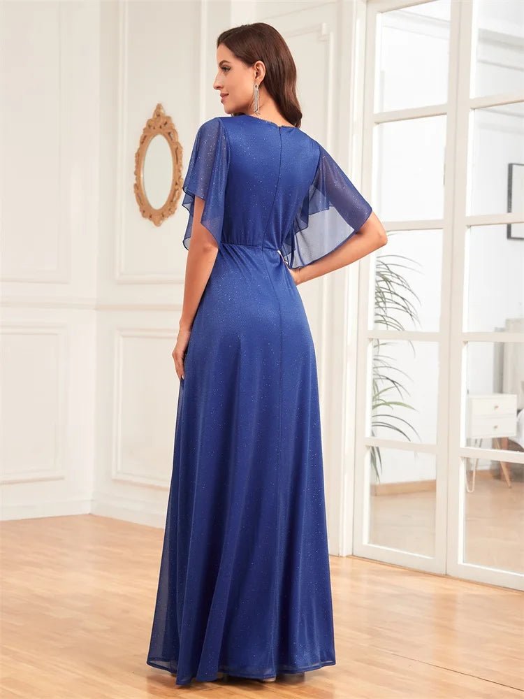 Royal Blue Long Chiffon A-Line Dress Flared Sleeves