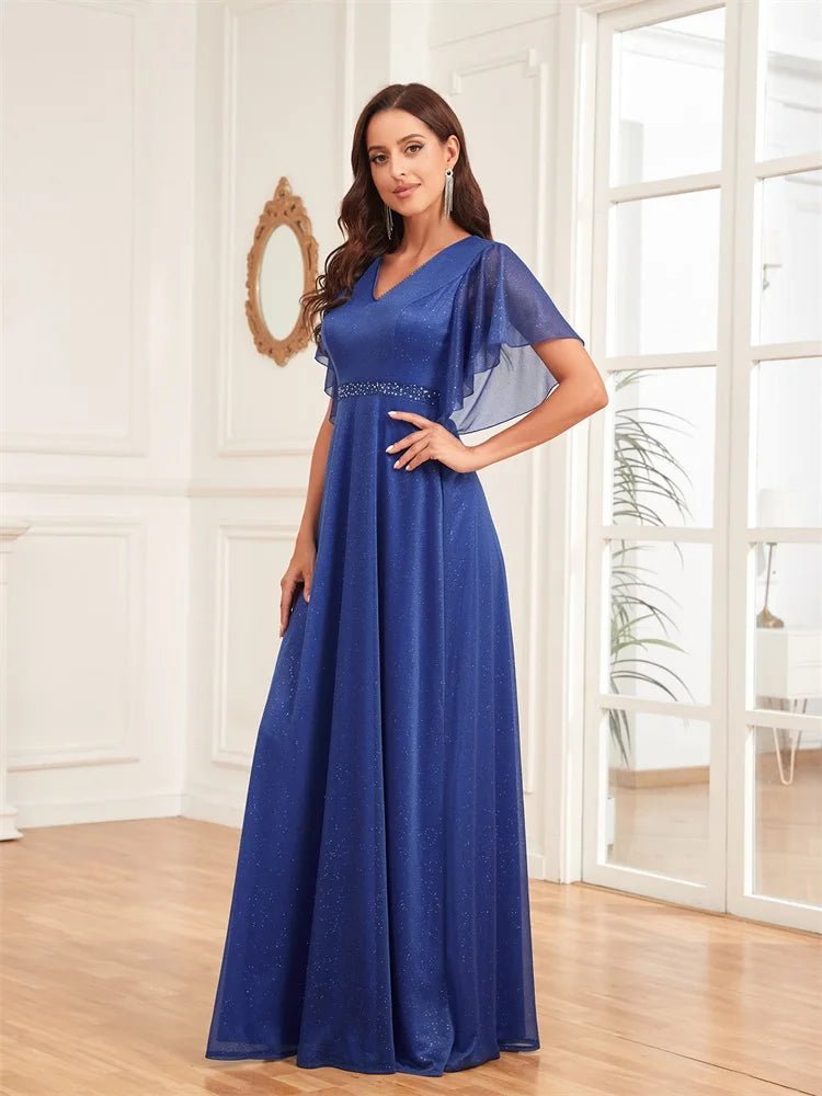 Royal blue chiffon A-line dress with flared sleeves, size M.