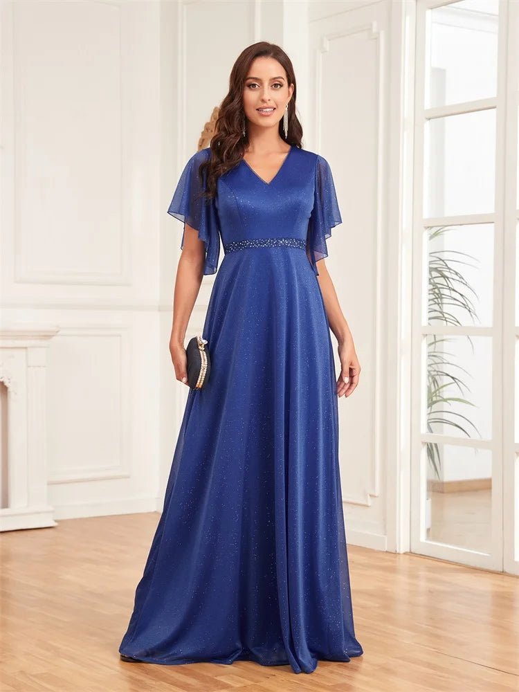 Royal Blue Long Chiffon A-Line Dress Flared Sleeves