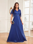 Royal blue long chiffon A-line dress with flared sleeves, size M.