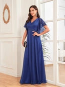 Royal blue A-line chiffon dress with flared sleeves, size medium.