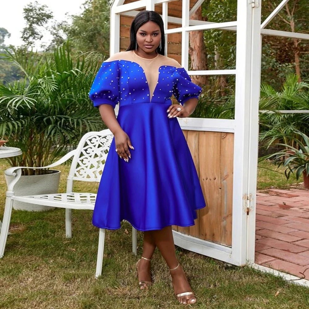 Royal Blue Plus Size Half Sleeves A-Line Tea Length Dress