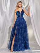 Royal blue prom dress featuring slits and an open back, size M.