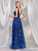 Royal blue prom dress with slits and open back, size small, elegant design.