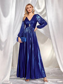 Royal blue ruched long sleeve maxi formal dress, elegant and stylish.