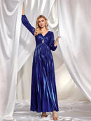 Royal blue ruched long sleeve maxi formal dress, size medium, elegant design.