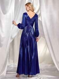 Royal blue ruched long sleeve maxi formal dress, elegant design.