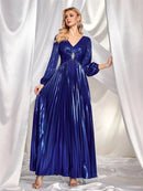 Alt text: "Royal blue ruched long sleeve maxi dress, elegant formal wear."