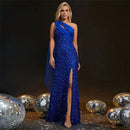 Royal Blue Royal Blue Sequin One Shoulder Formal Dress High Slit 6