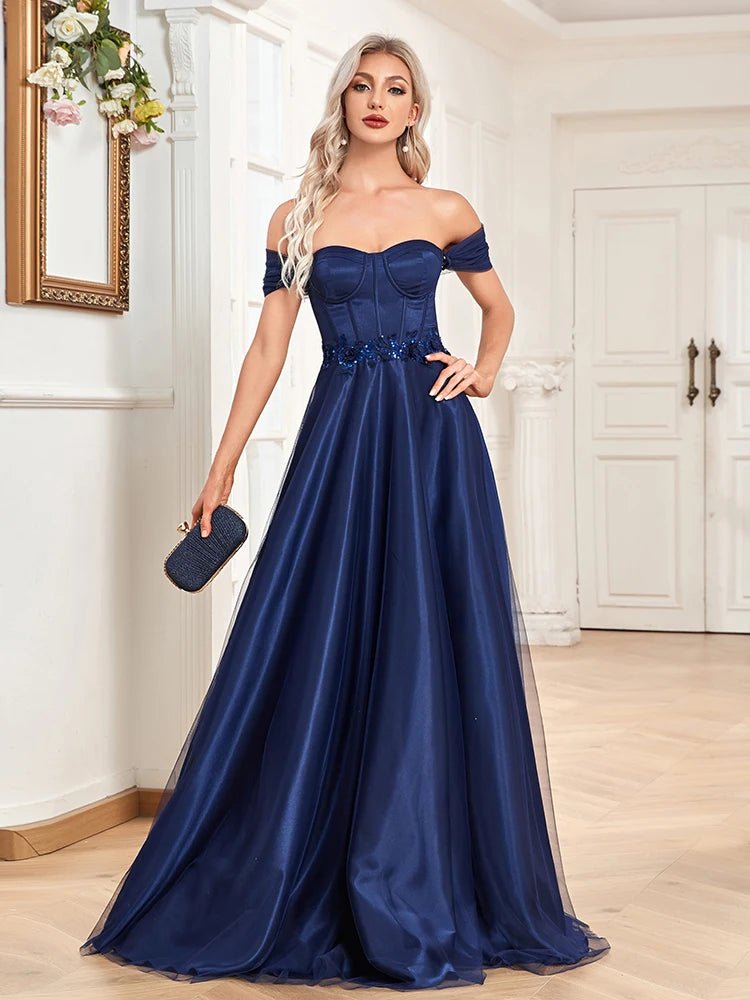 Navy Blue Ruched Strapless A - Line Sexy Formal Prom Dress S