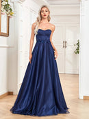 Navy Blue Ruched Strapless A - Line Sexy Formal Prom Dress S