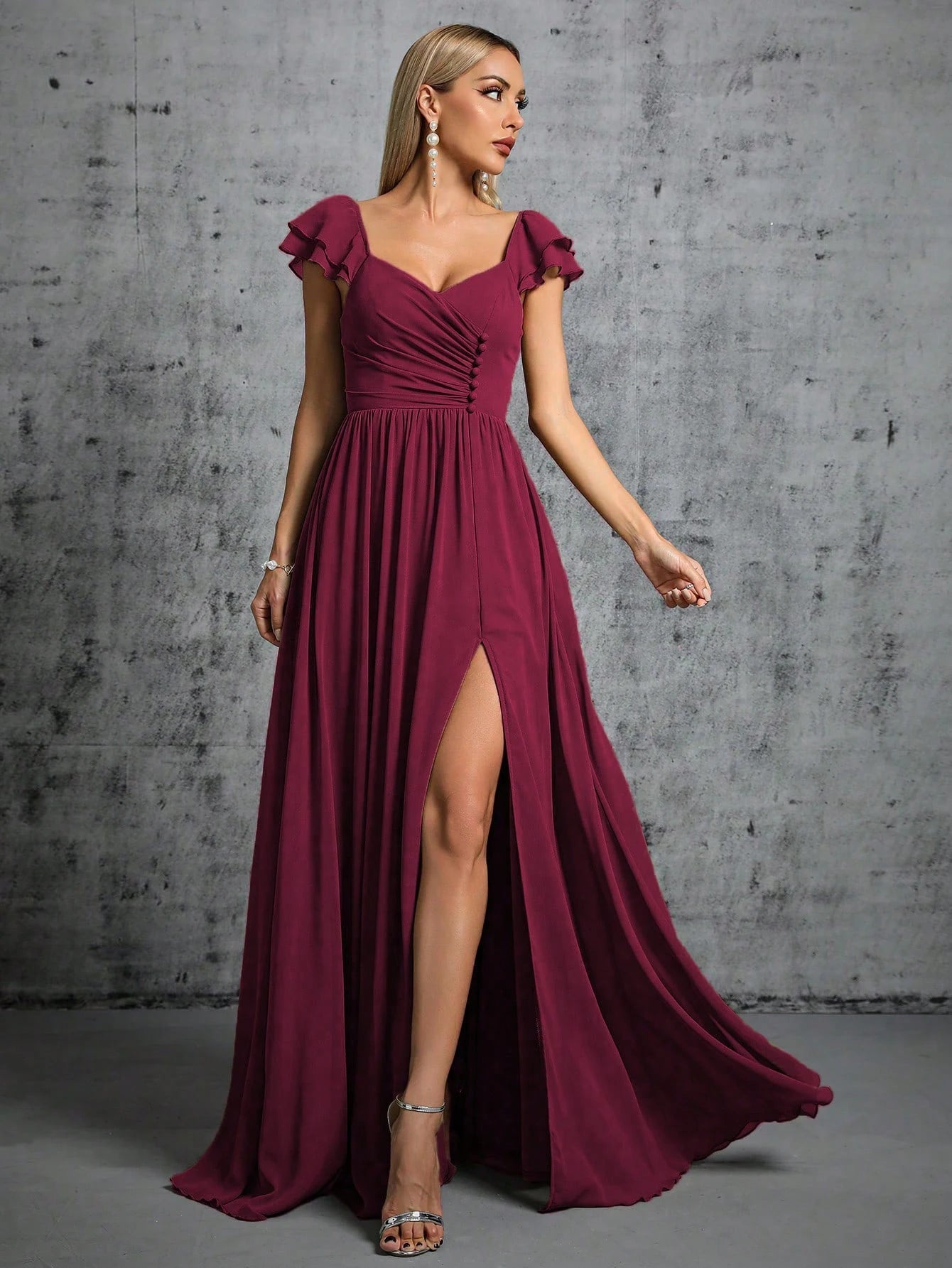 Ruffled  Cap Sleeves Mulberry Bridesmaid Dresses