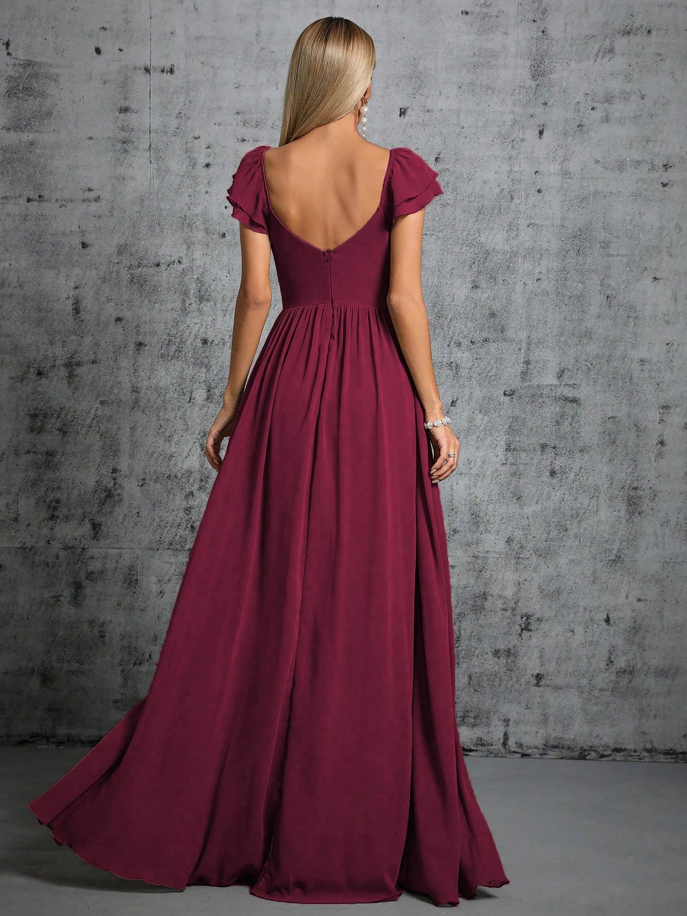 Ruffled  Cap Sleeves Mulberry Bridesmaid Dresses