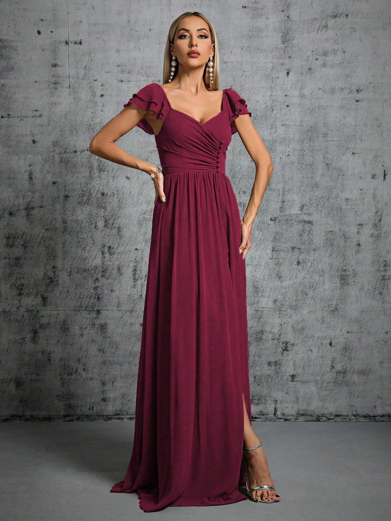 Mulberry Ruffled Cap Sleeves Mulberry Bridesmaid Dresses L