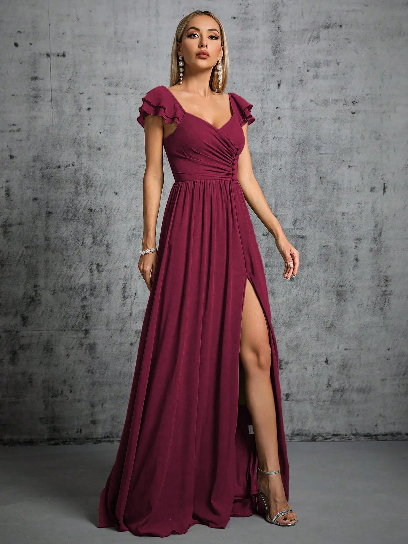 Mulberry Ruffled Cap Sleeves Mulberry Bridesmaid Dresses L