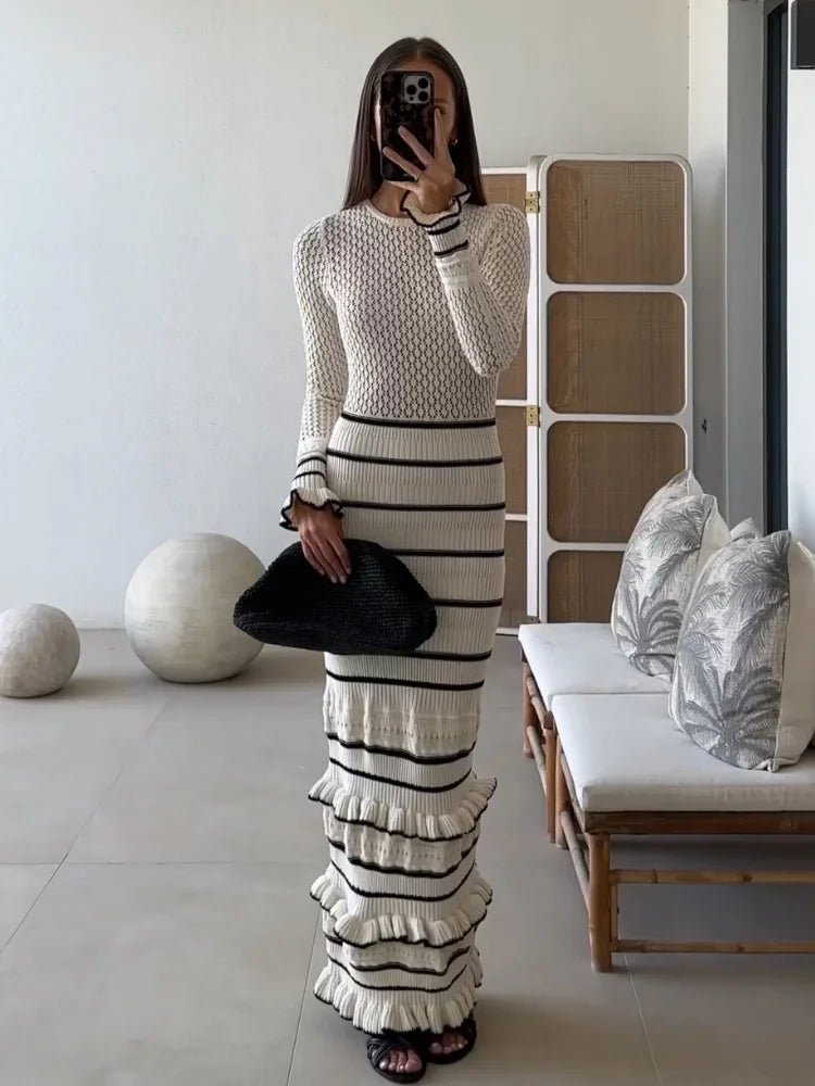 See Through Hollow Out Ruffled Knit Maxi Dress