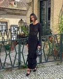 Black See Through Hollow Out Ruffled Knit Maxi Dress L