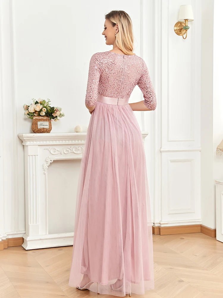 Sequin Bodice Chiffon Maxi Dress with 3/4 Sleeves