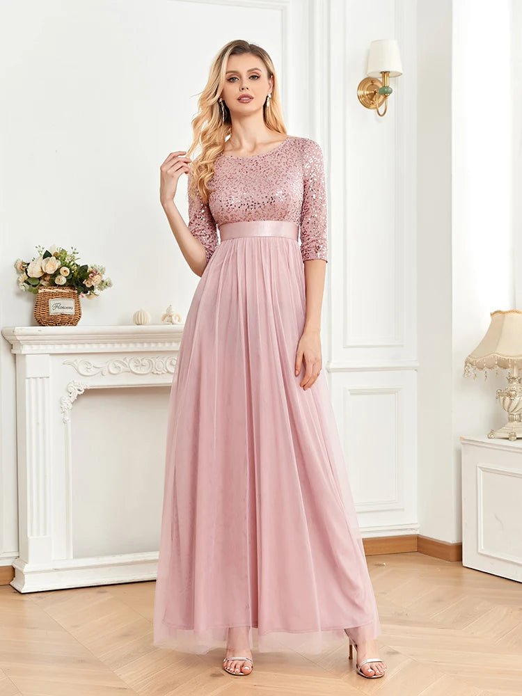 Sequin Bodice Chiffon Maxi Dress with 3/4 Sleeves