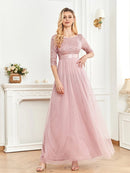 Elegant chiffon maxi dress with sequin bodice, 3/4 sleeves, navy blue.