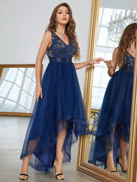 Navy Blue Sequin Embroidered V - neck Elegant Bridesmaid Dress XL