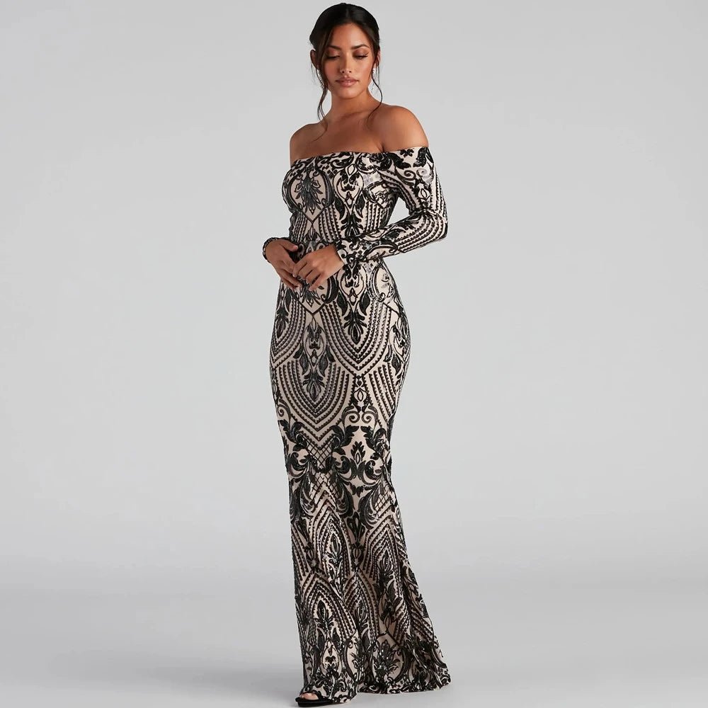 Sequined Long Sleeve Off The Shoulder Mermaid Dress