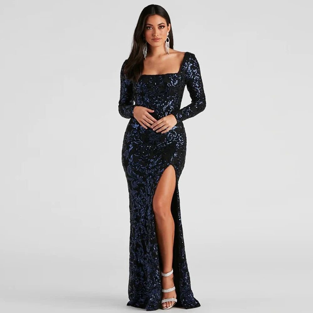 Sequined Navy Blue Long Sleeve Mermaid Dress