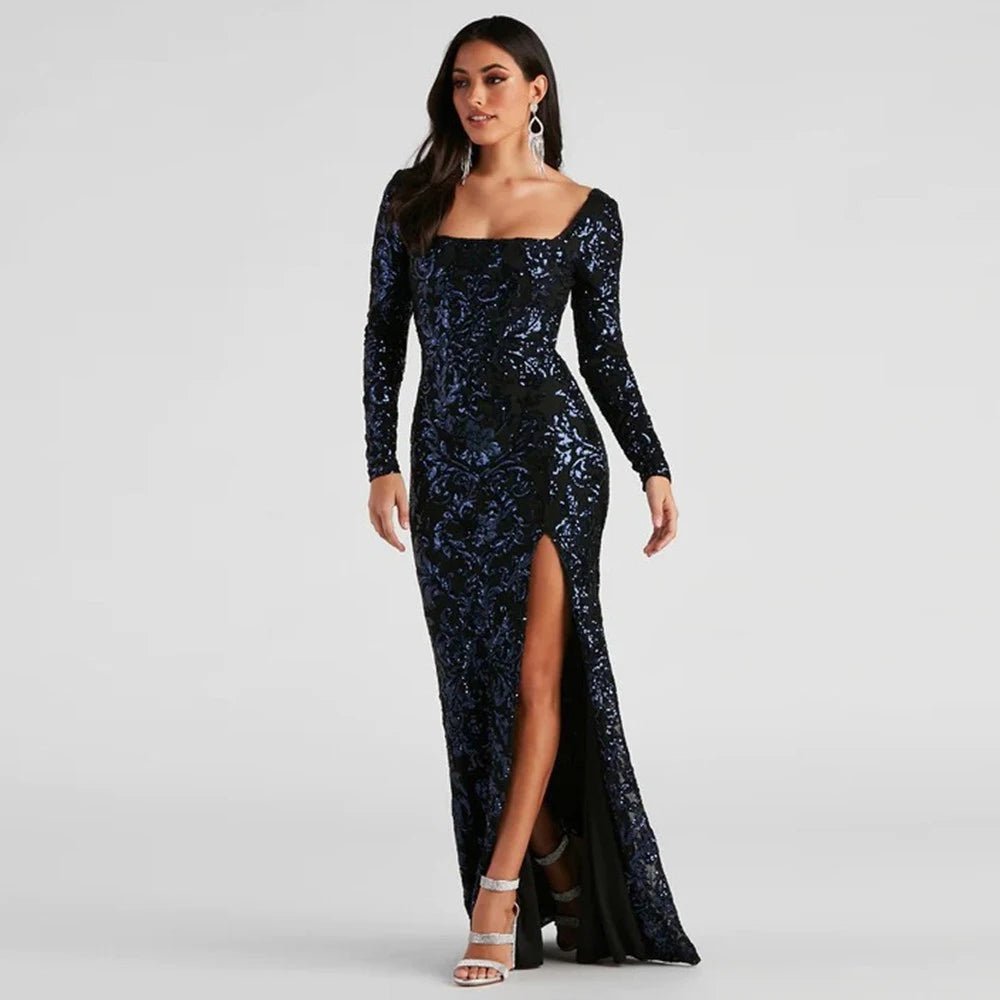 Sequined Navy Blue Long Sleeve Mermaid Dress