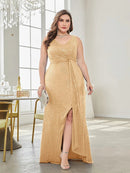 champagne Sequins Elegant Slit Formal Prom Evening Dress 4