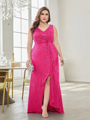 Fuchsia Sequins Elegant Slit Formal Prom Evening Dress 4